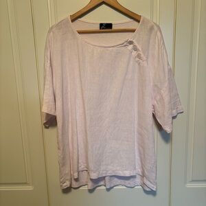 Fenini pale pink LINEN & cotton knit loose fit blouse w/opalescent 3-button dtl